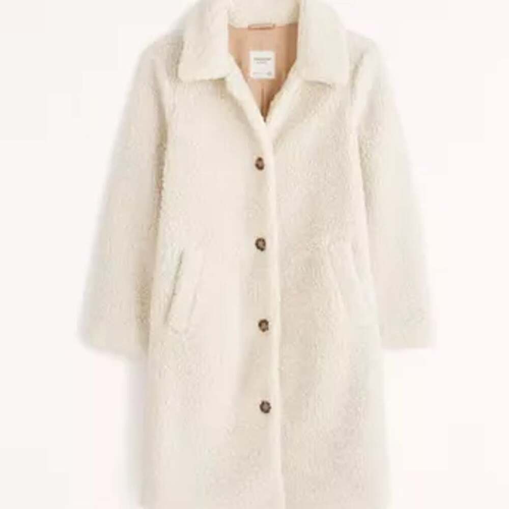 Abercrombie & Fitch Long Sleeve Mid-Length Sherpa Fleece Teddy Coat Cream Medium